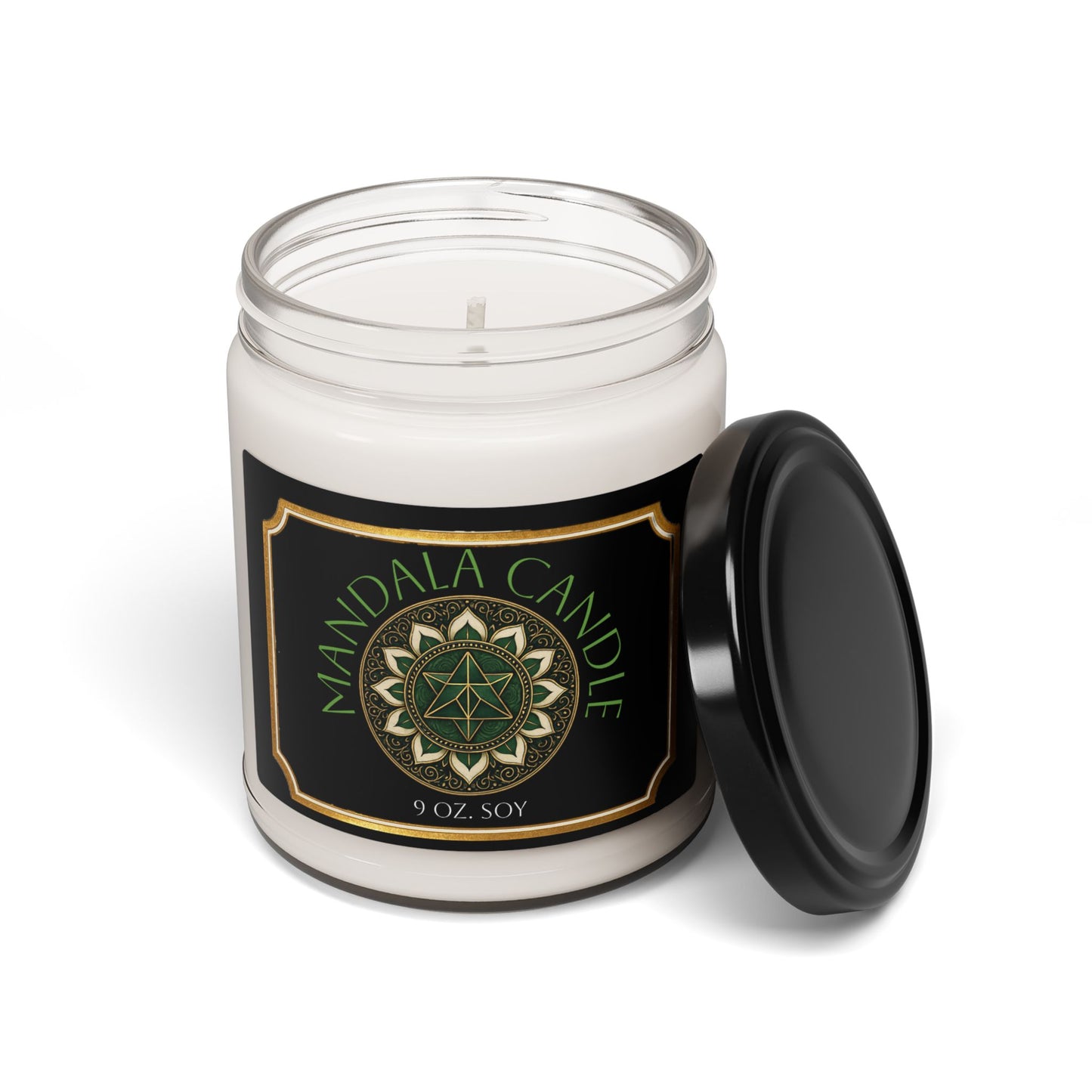 Mandala design Aromatherapy Soy Candle in green, gold, and black. Meditation Decor, Zen Gift, Eco-Friendly Candle, Chakra Serenity, Home Fragrance, Relaxation Gift