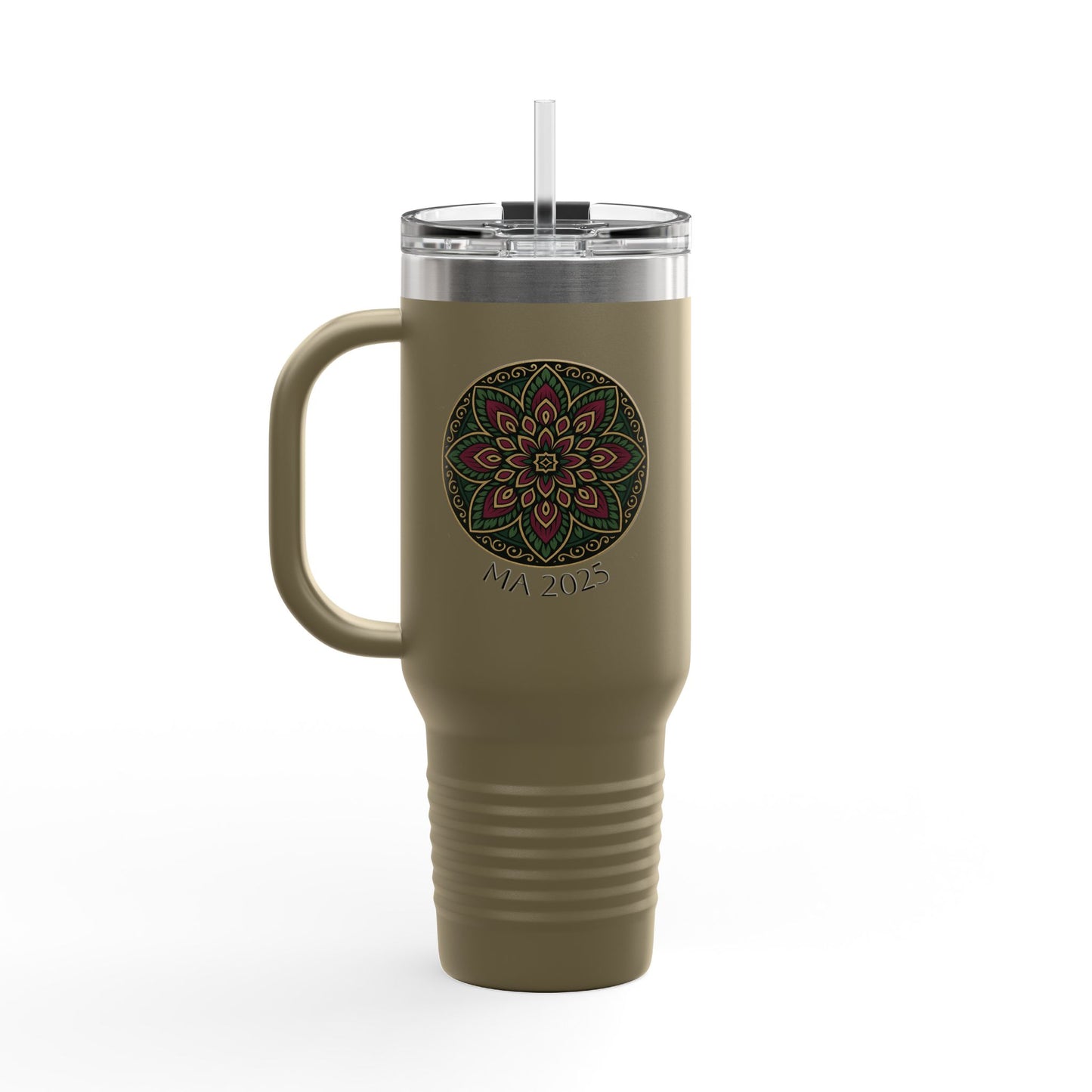 Mandala inspired design in green, red, and black 40oz Insulated Travel Mug, Perfect for Outdoor Adventures, Road Trips, Holiday Gifts, Coffee Lover, Eco-Friendly Drinkware