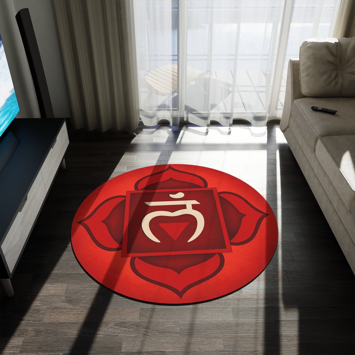 Bohemian Round Rug | Meditation Decor, Chakra Home Accents, Red Mandala Floor Mat, Boho Style Area Rug, Yoga Space Rug