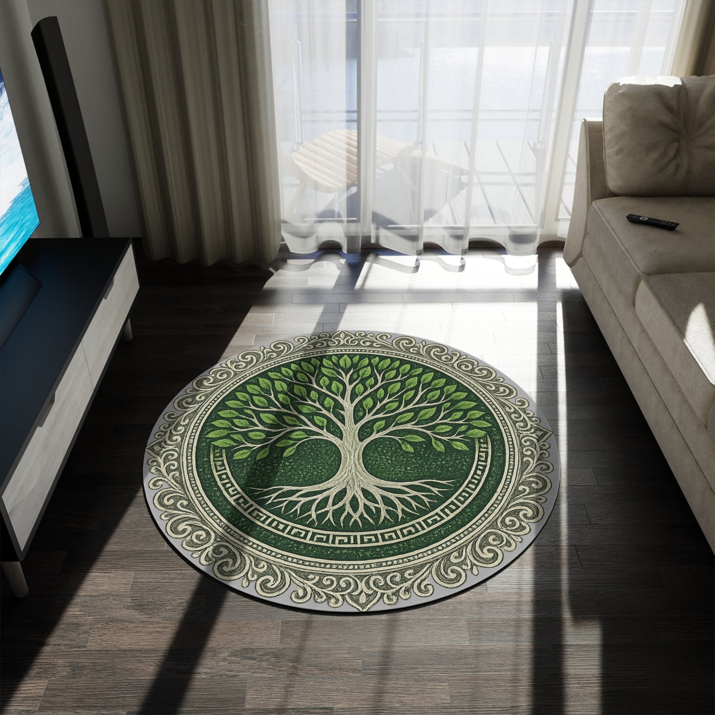 Round Rug - Tree of Life Green and Silver Boho Decor