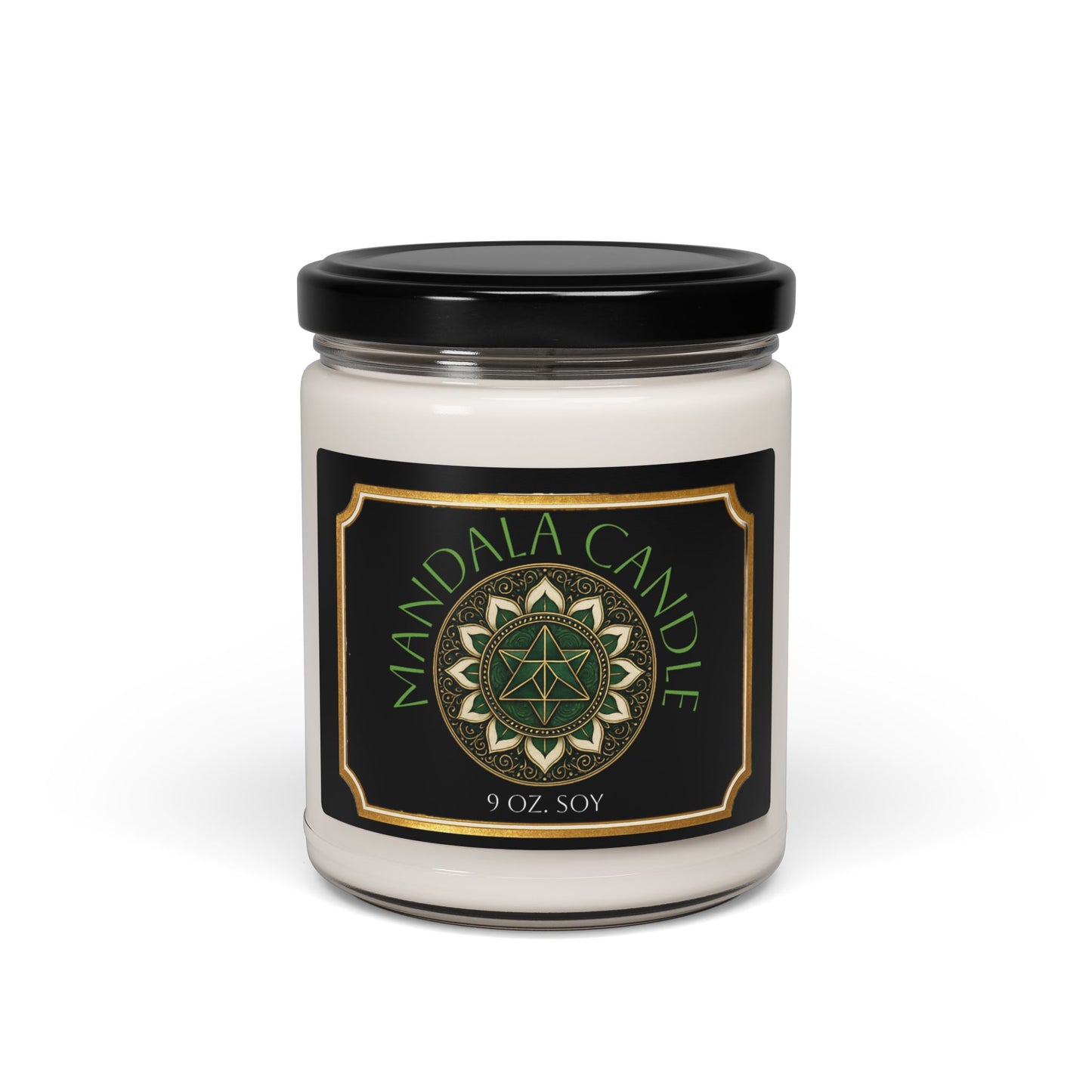 Mandala design Aromatherapy Soy Candle in green, gold, and black. Meditation Decor, Zen Gift, Eco-Friendly Candle, Chakra Serenity, Home Fragrance, Relaxation Gift