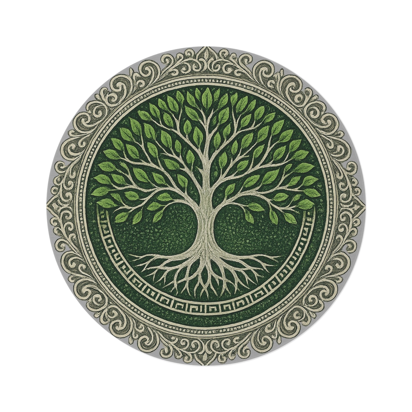 Round Rug - Tree of Life Green and Silver Boho Decor