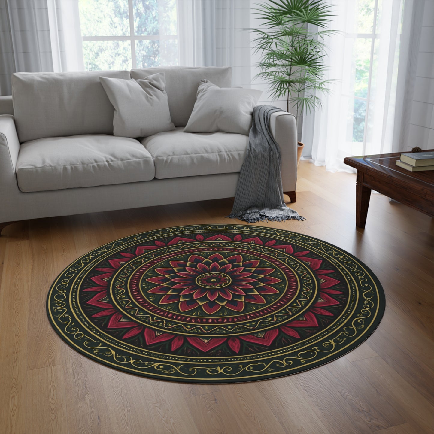 Bohemian Floral Round Rug, Meditation Mat, Home Decor, Boho Chic, Living Room, Area Rug, Gift for Her