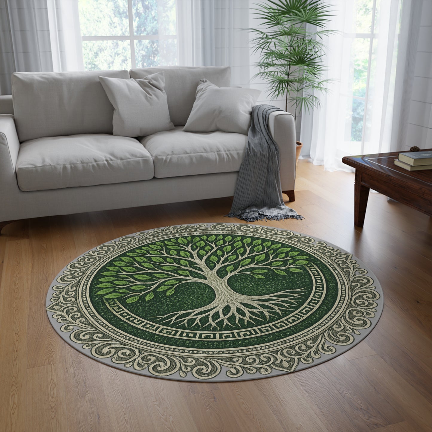 Round Rug - Tree of Life Green and Silver Boho Decor
