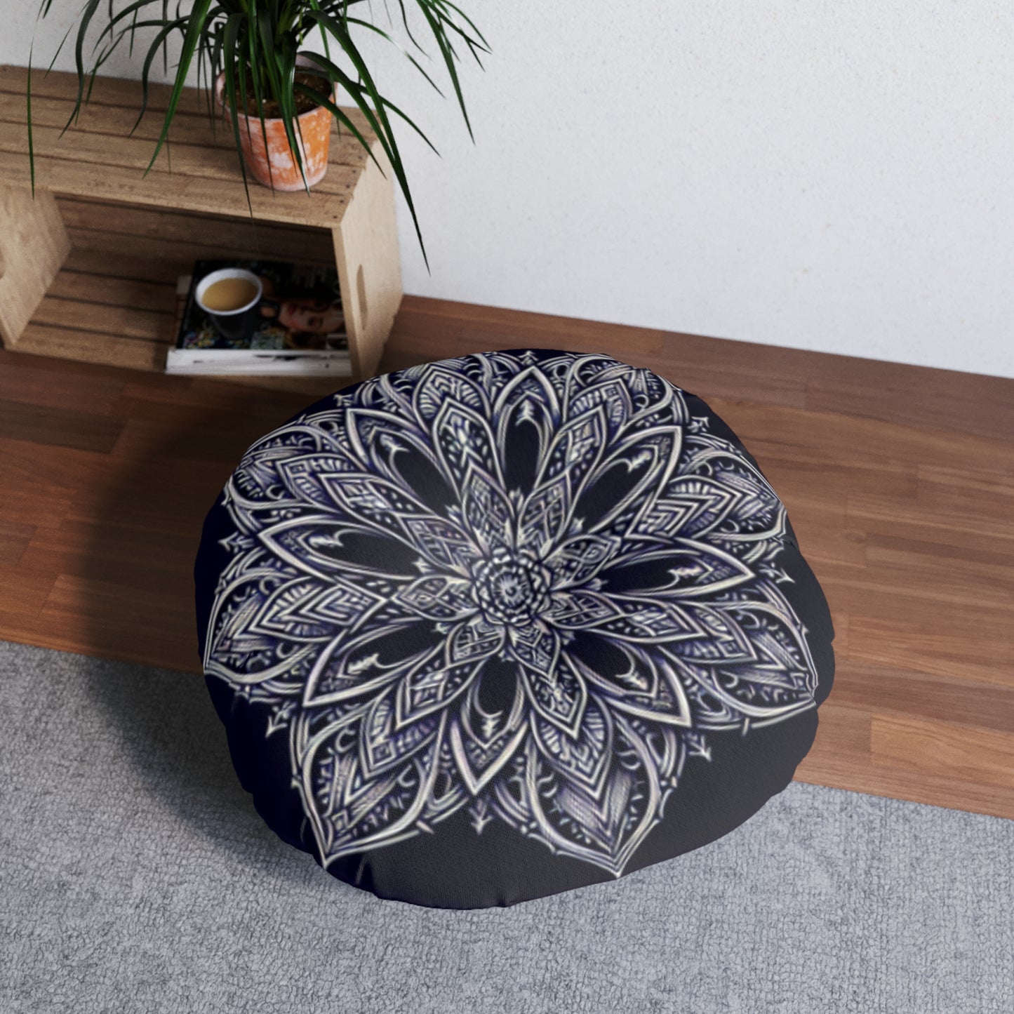 Bohemian Mandala Tufted Floor Pillow, Round Cushion for Meditation, Relaxation, Living Room Decor, Boho Style