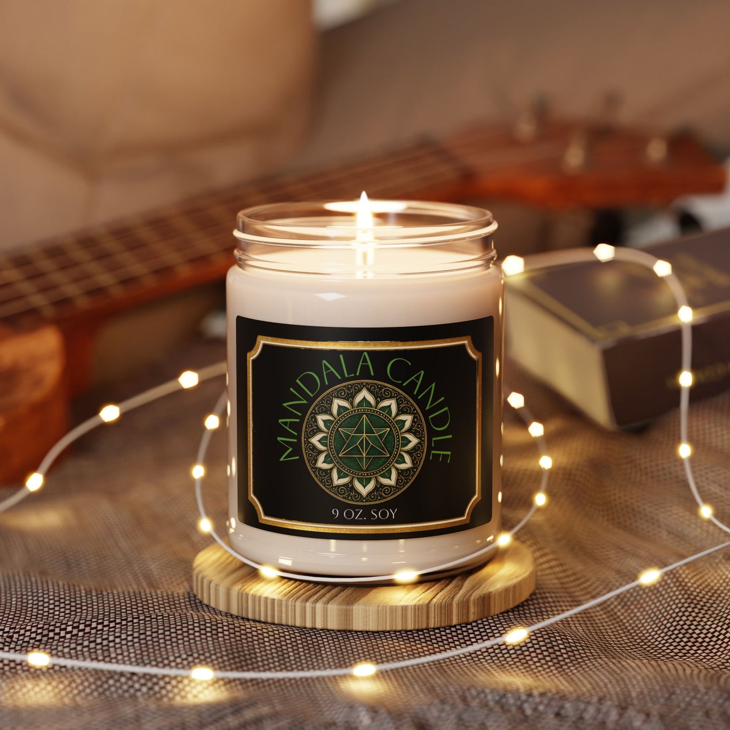 Mandala design Aromatherapy Soy Candle in green, gold, and black. Meditation Decor, Zen Gift, Eco-Friendly Candle, Chakra Serenity, Home Fragrance, Relaxation Gift