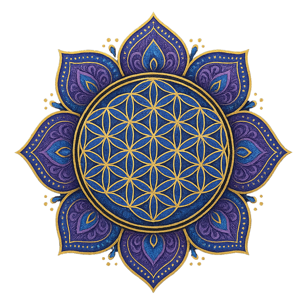 Flower of Life mandala with lotus petals in purple,blue,and gold.
