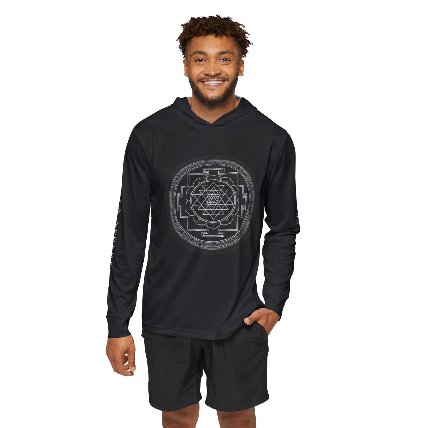 Men's Sri Yantra Sacred Geometry Design warm up hoodie in black , Athletic Hoodie, Fitness Apparel, Unique Sportswear, Outdoor Gear, Gift for Him
