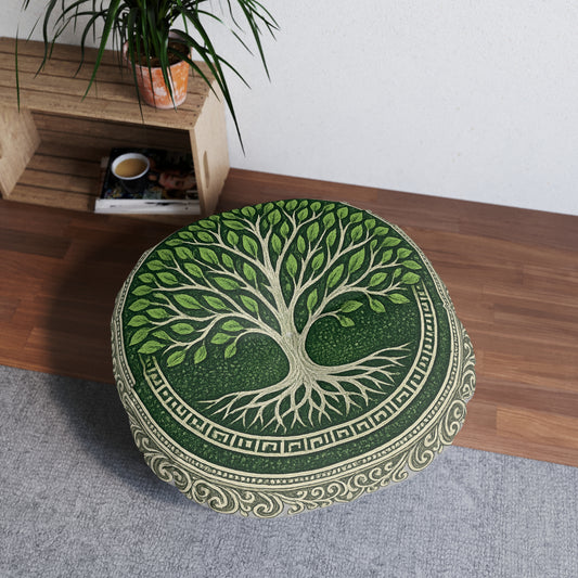 Tree of Life Nature-Inspired Tufted Floor Pillow - Green Tree of Life Design, Bohemian Decor, Meditation Cushion, Eco-Friendly Home Gift