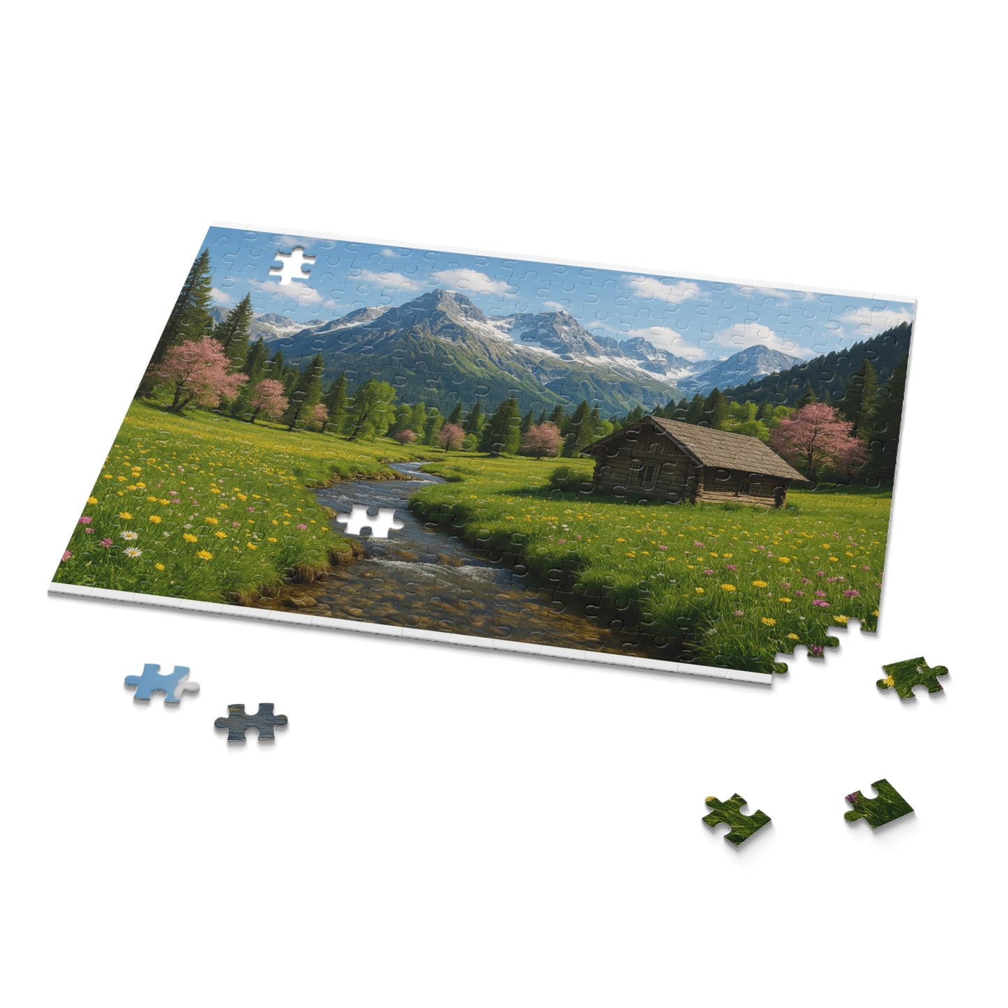 Mountain Cabin Scenic Nature Puzzle - Tranquil Mountain View, 120, 252, 500 Pieces | Gift for Nature Lovers, Family Time, Relaxation, Home Décor