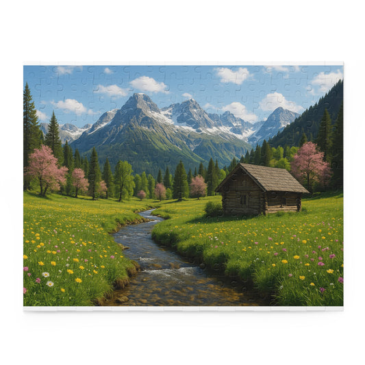Mountain Cabin Scenic Nature Puzzle - Tranquil Mountain View, 120, 252, 500 Pieces | Gift for Nature Lovers, Family Time, Relaxation, Home Décor