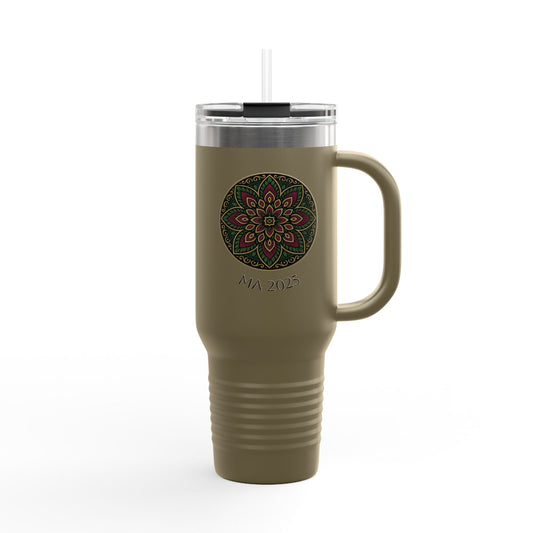 Mandala inspired design in green, red, and black 40oz Insulated Travel Mug, Perfect for Outdoor Adventures, Road Trips, Holiday Gifts, Coffee Lover, Eco-Friendly Drinkware